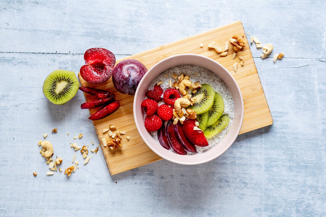 Chia pudding with fruits and nuts