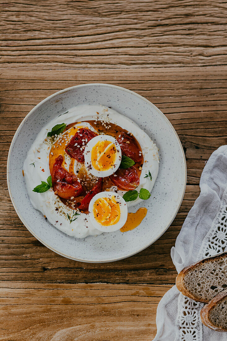 Labneh, confit tomatoes and egg