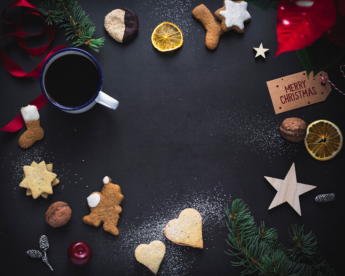 Christmas still life with biscuits, coffee and decoration