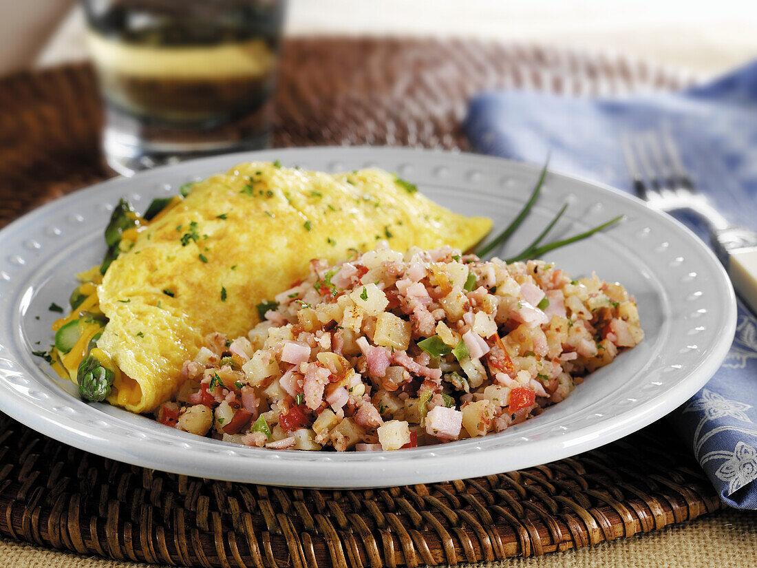 Canadian Bacon hash and an omelette breakfast with chives