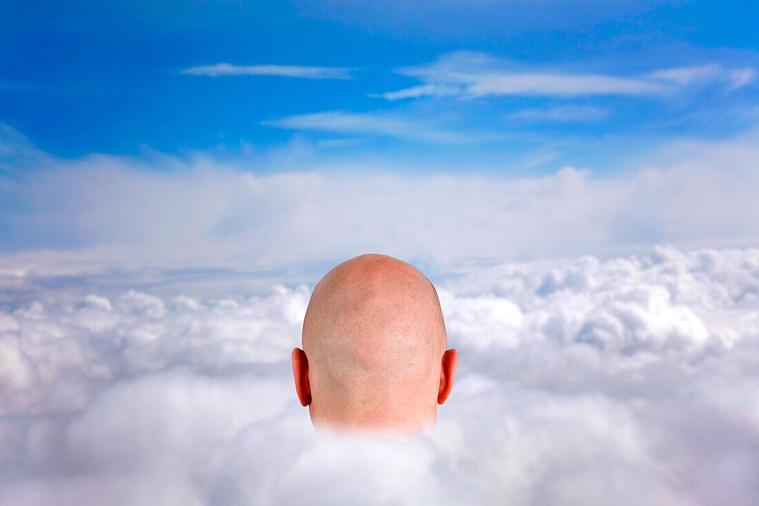 Head in the clouds, conceptual composite image