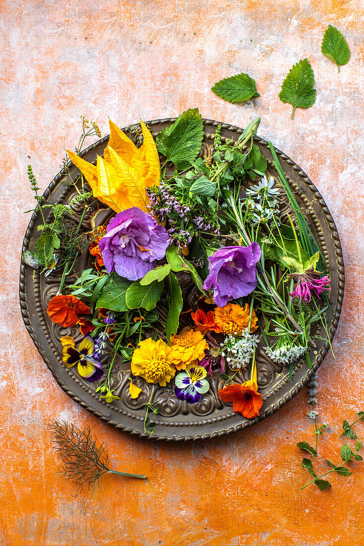 Fresh herbs and edible flowers