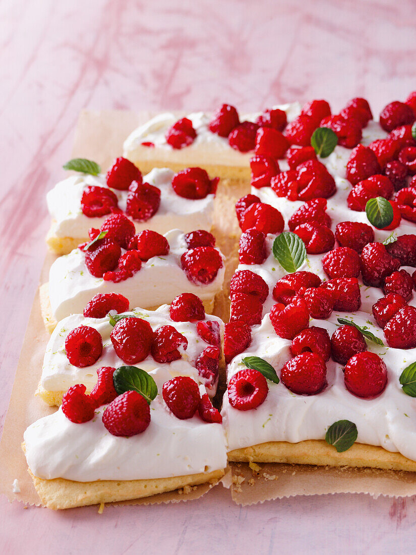 Raspberry cream cheese tray bake cake