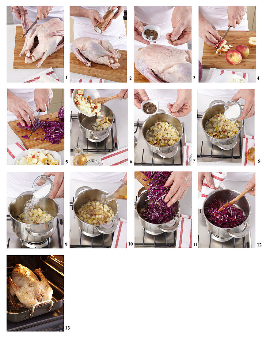 Preparing goose with red cabbage