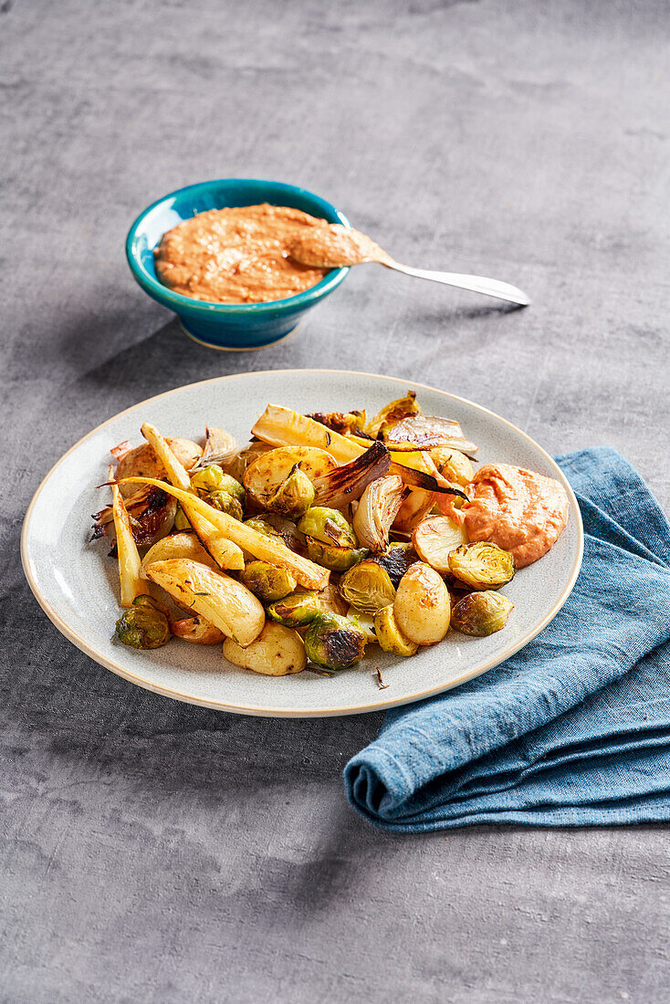 Vegan oven-roasted vegetables with pepper hummus