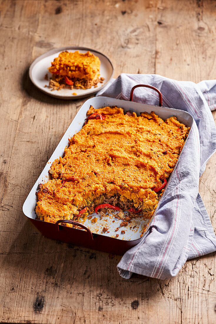 Shepherd's pie with minced meat and mashed sweet potato