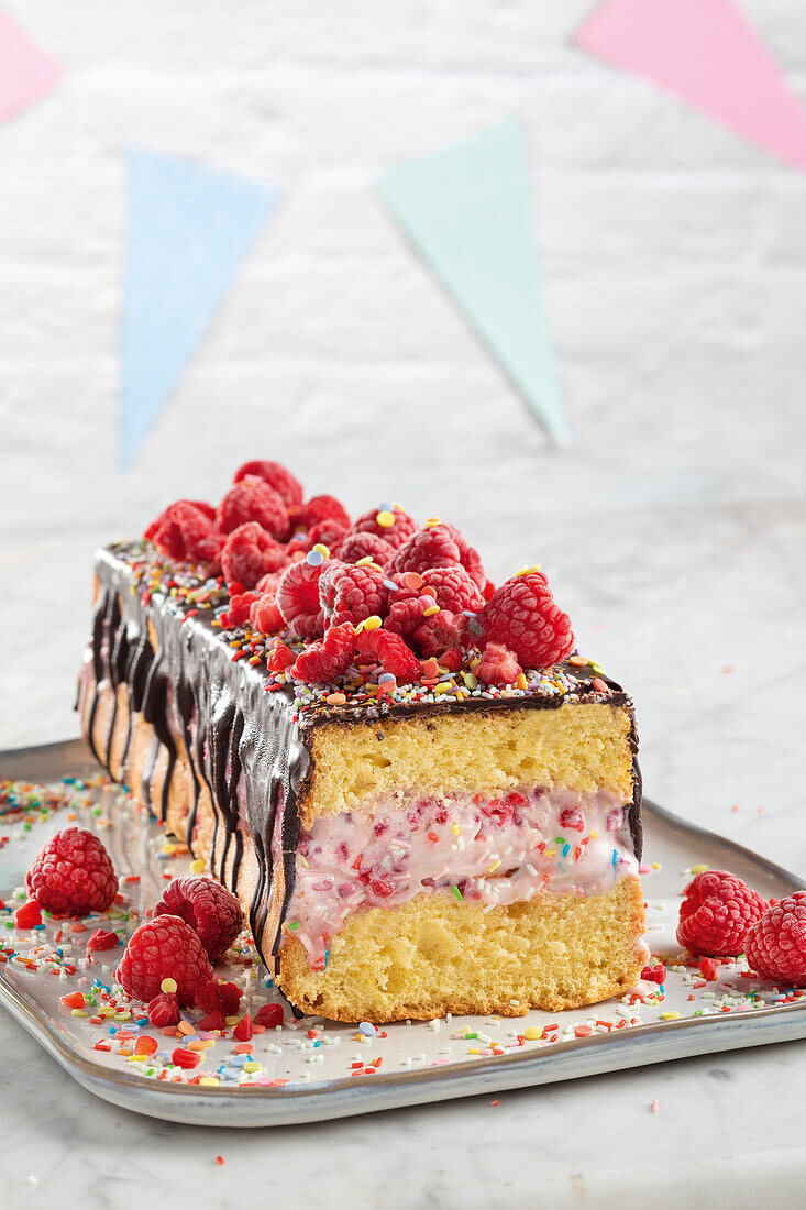 Bunte Eistorte mit Himbeeren und Zuckerstreuseln