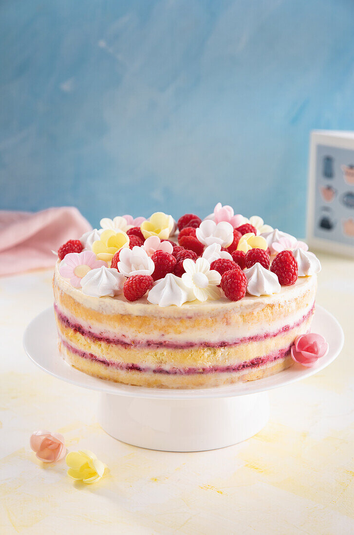A naked cake with a raspberry-and-mascarpone filling