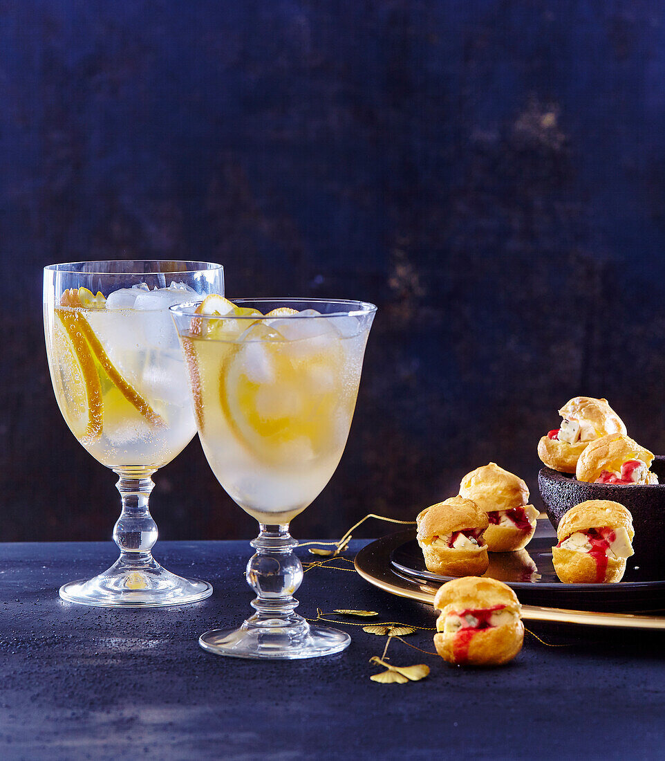Cointreau fizz and raspberry jelly and roquefort puffs for the New Year day feast