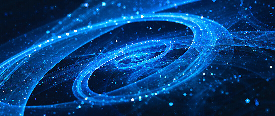 Blue glowing spiral galaxy with stars, abstract illustration