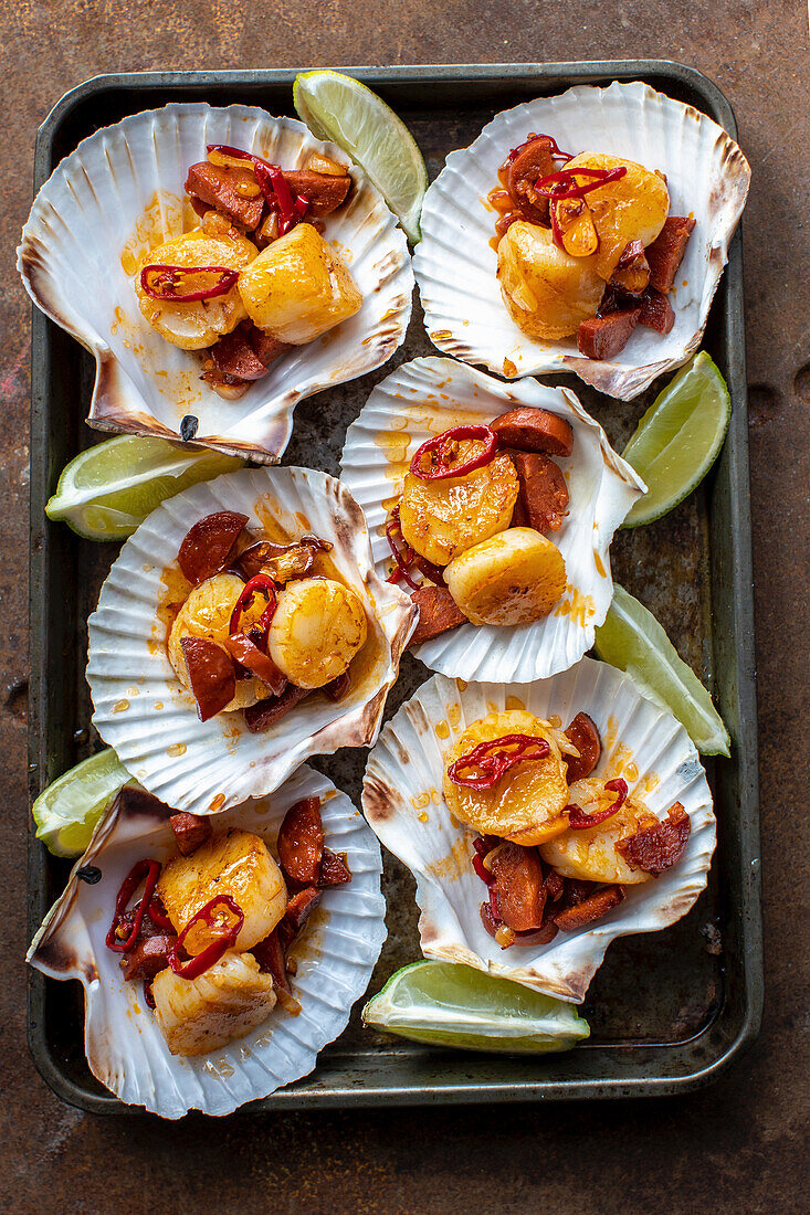 Scallops with chorizo, chilli and lime