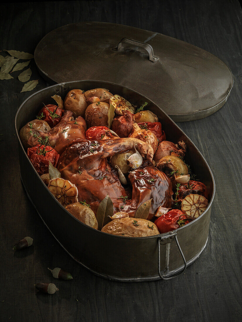 Gebackenes Spanferkel mit Gemüse