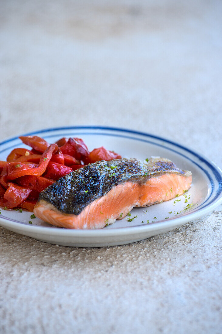 Roasted salmon with red pepper