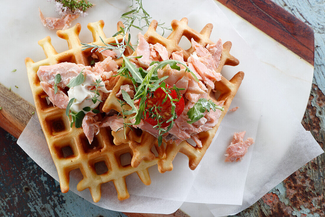 Light waffles with steamed salmon