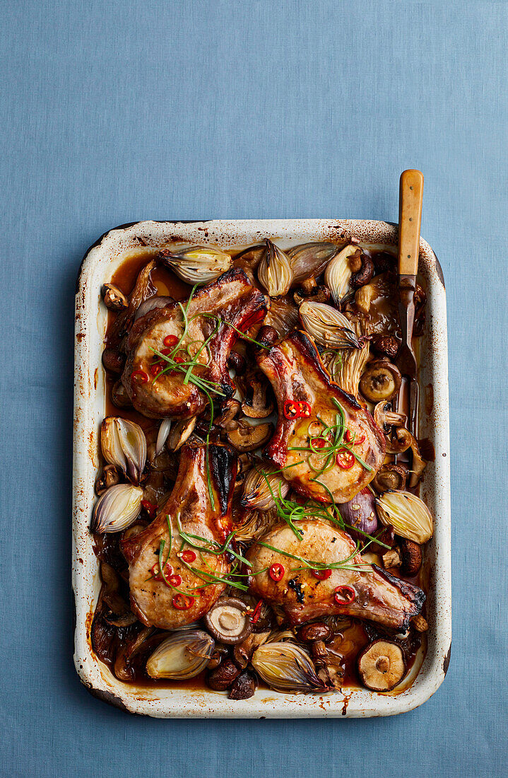 Sticky chilli caramel pork cutlets with mixed Asian mushrooms