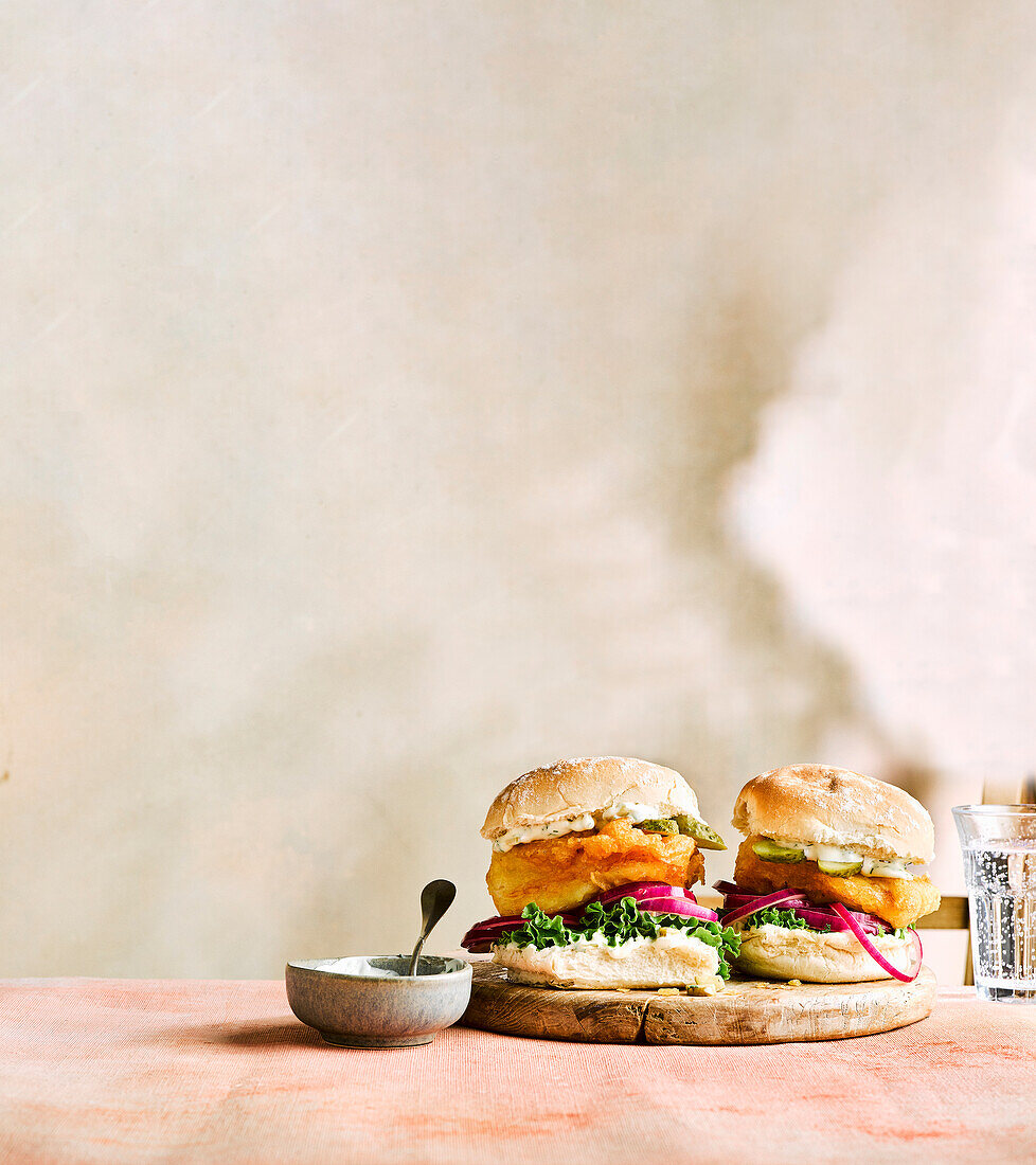 Beer-battered fish burgers