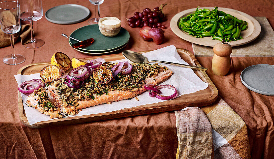 Couscous-crusted ocean trout with pea salad