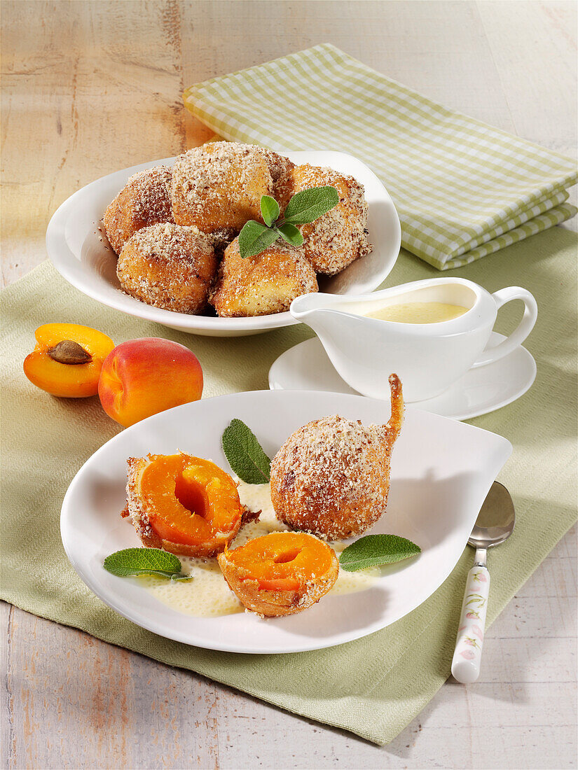Baked apricot cakes with sage and vanilla sauce