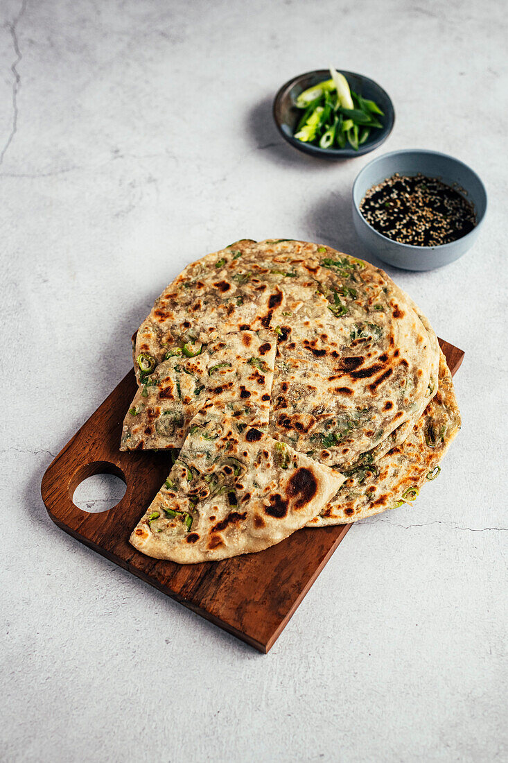 Spring Onion (Scallion) Pancake with Soy Sauce (Chinese)