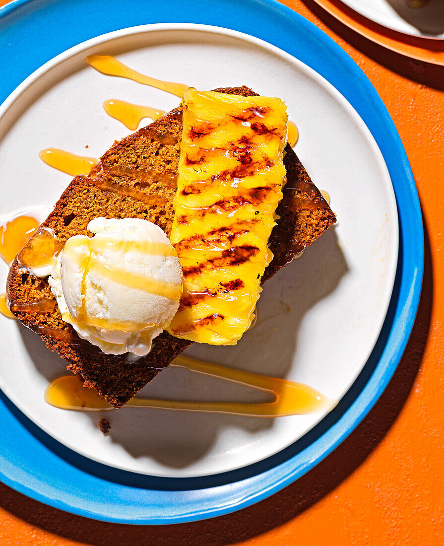 Ginger and rum cake with grilled pineapple and rum caramel