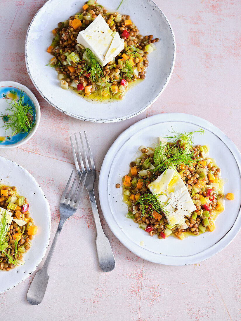 Lentil salad with vegetable cubes and layered cheese