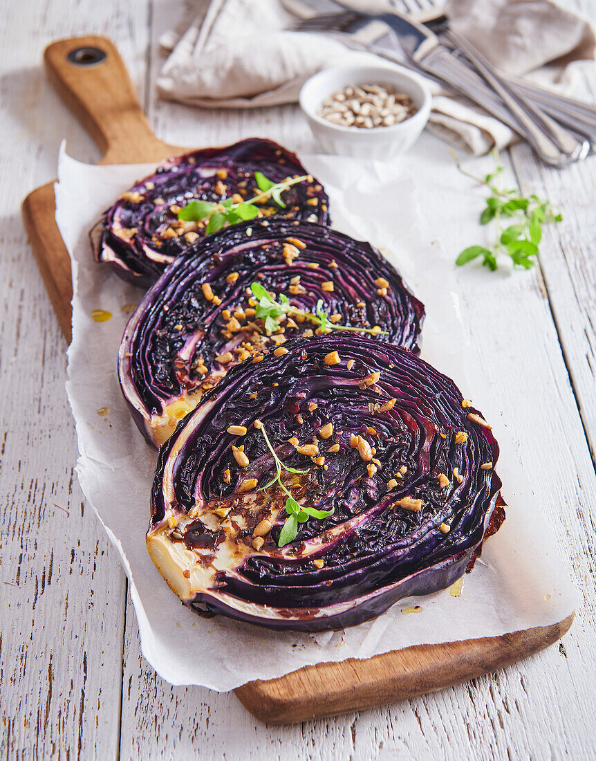 Baked flat pieces of red cabbage