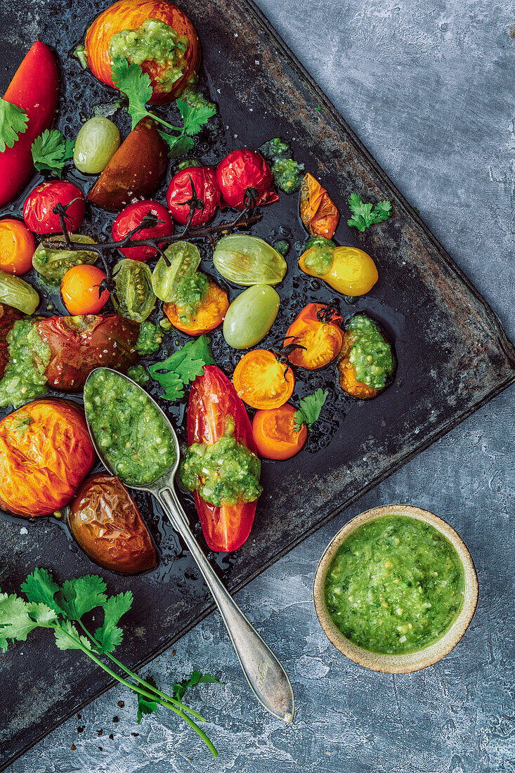 Baked heirloom tomatoes with salsa verde