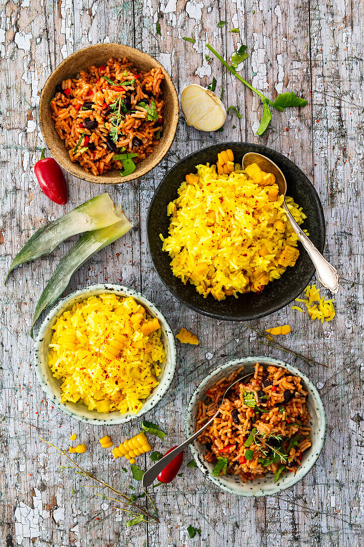 Chilli rice with garlic, coriander and black beans, saffron rice with pineapple and corn (Caribbean)