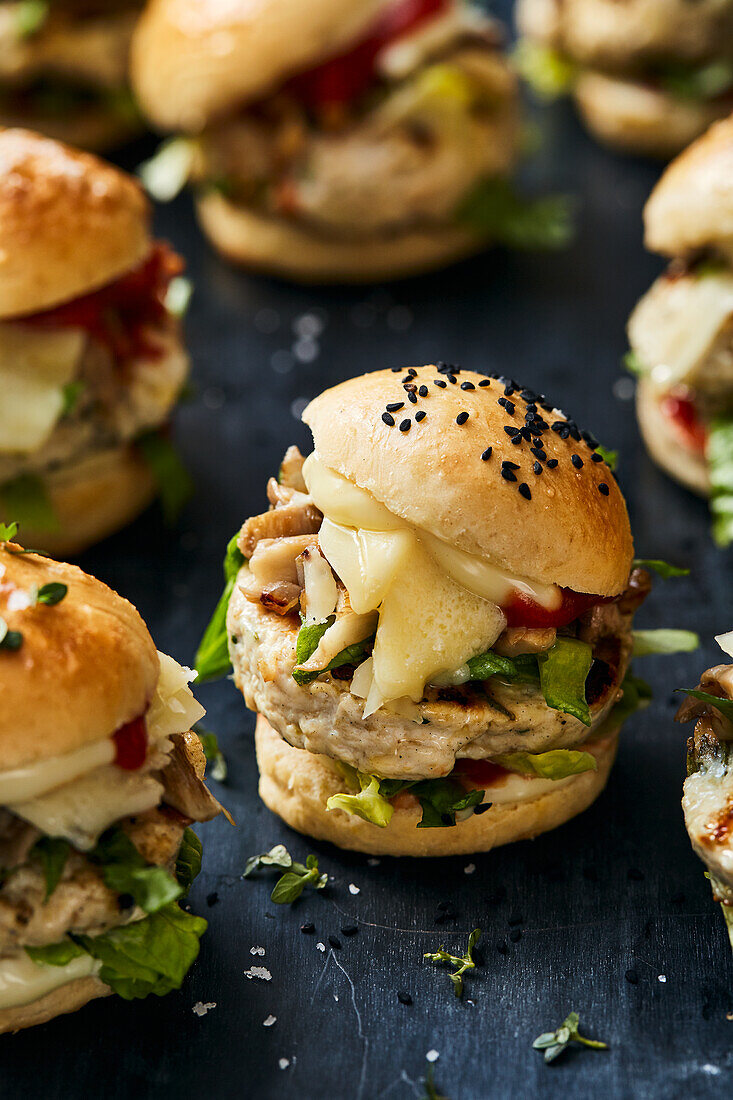 Raclette chicken sliders with oyster mushrooms and romaine lettuce