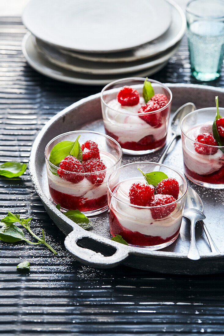 Raspberry and mascarpone dessert with basil syrup