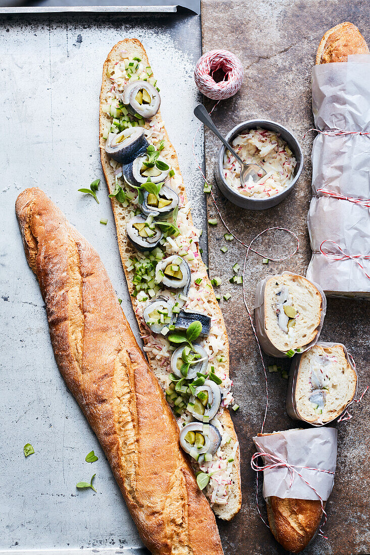 Rollmop herring and cucumber sandwiches with radish remoulade