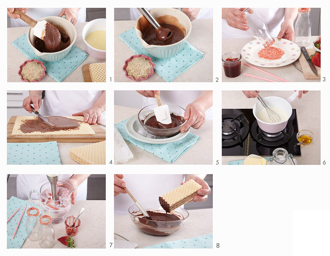 Preparing chocolate and hazelnut wafers with strawberry milk
