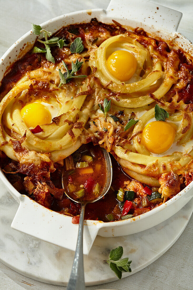 Vegetarian bucatini shakshuka