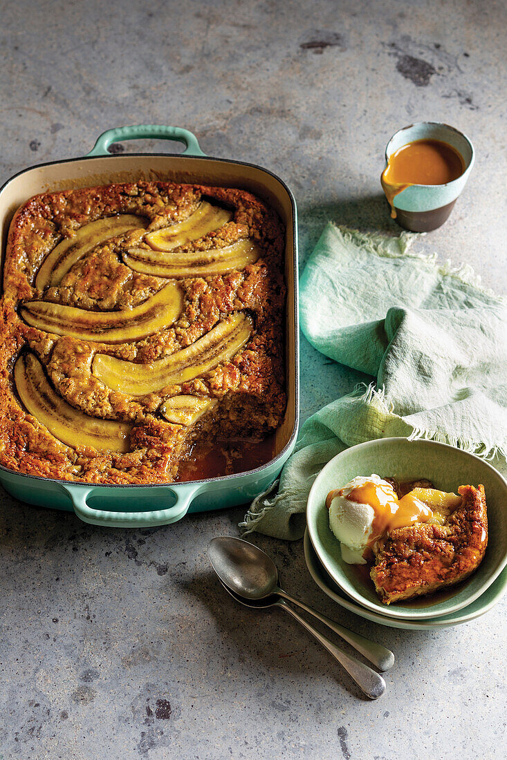 Banana bread traybake with cheat’s caramel sauce