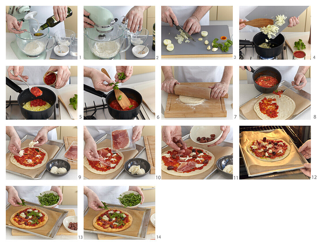 Zubereitung hausgemachter Pizza mit Schinken und Rucola