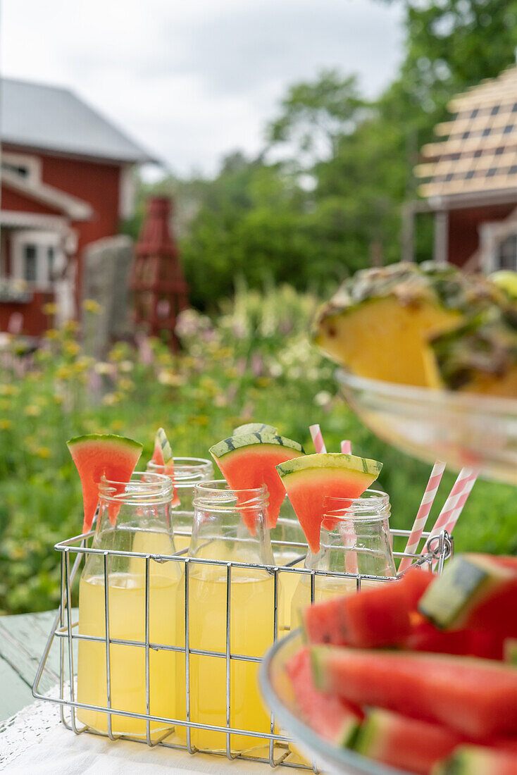 Bottles of cold juice garnished with melon in bottle holder on garden table