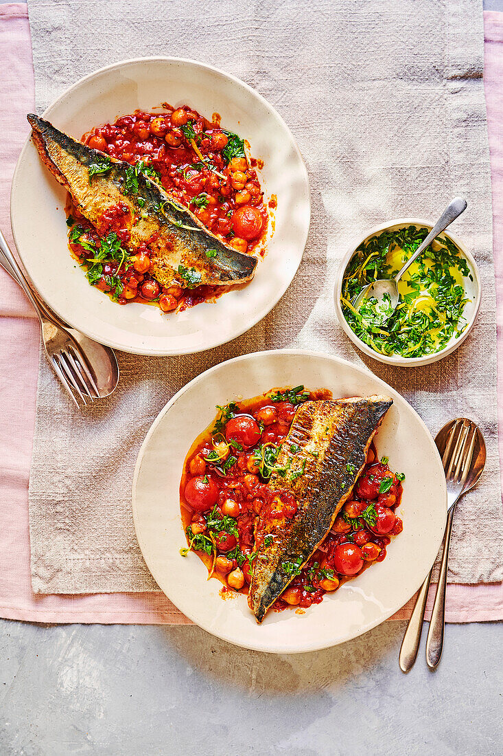 Mackerel with braised 'nduja chickpeas