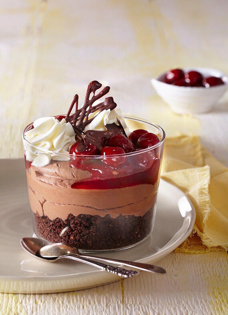 Parisian chocolat dessert with dark crumble and sour cherries