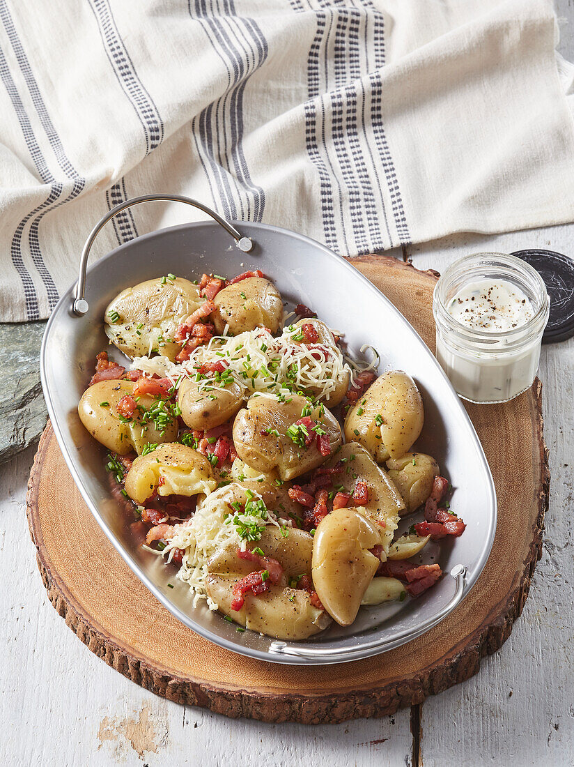 fried smashed potatoes with bacon