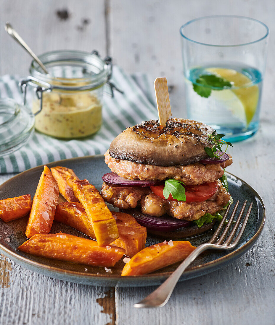 Mushroom burger with minced turkey and batad French fries