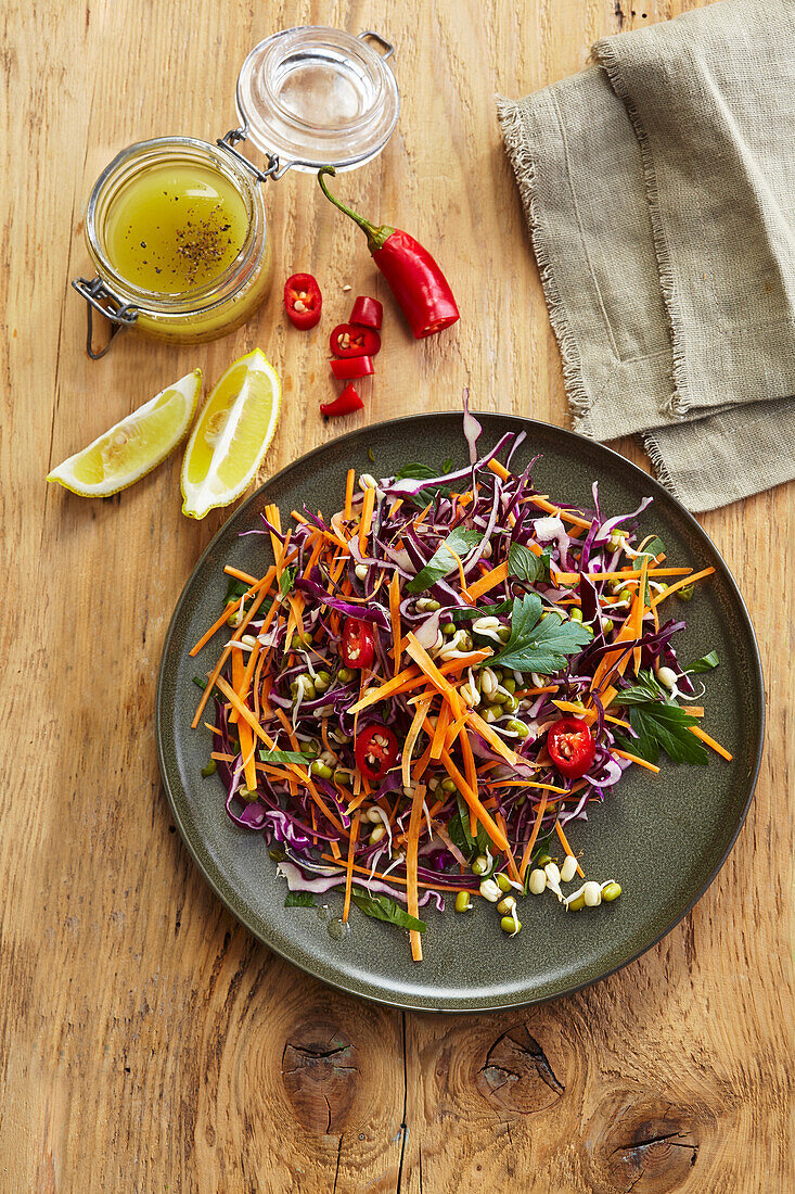 Red cabbage salad with carrot and chili