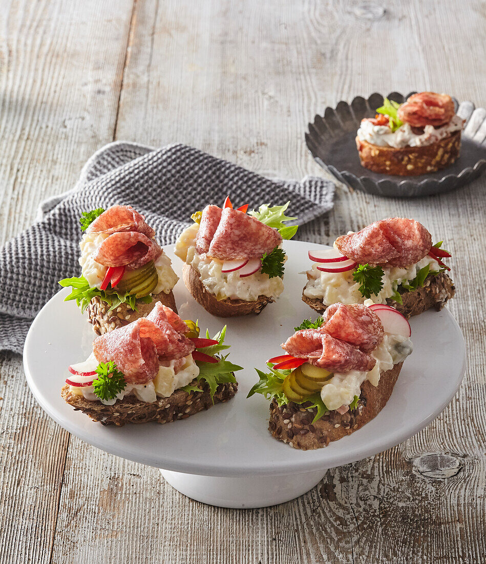 Open sandwiches with Hungarian salami