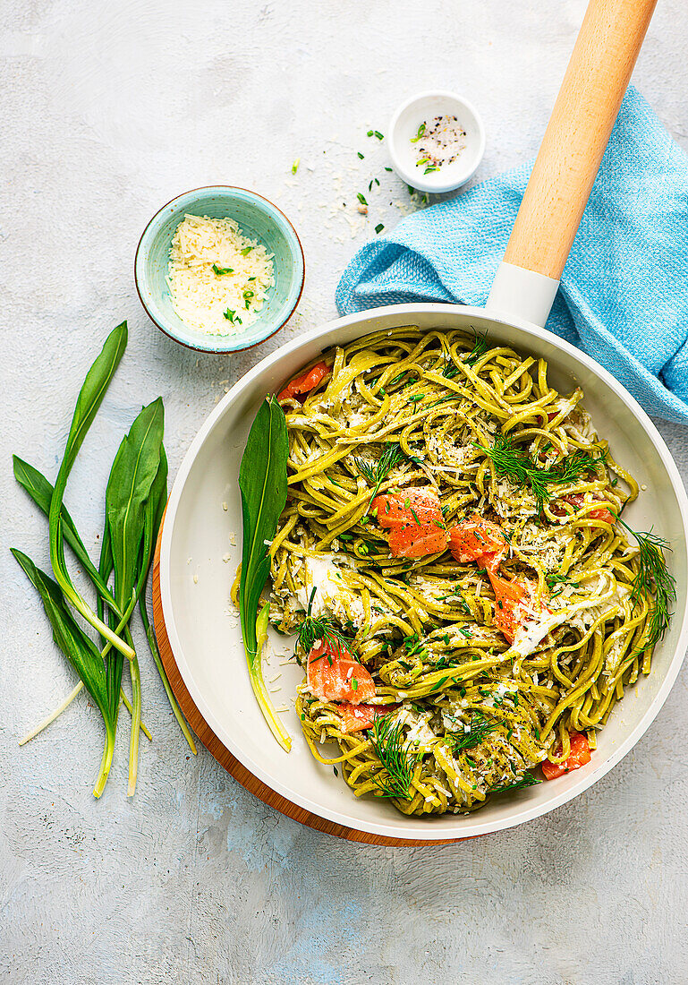 Wild garlic pasta with smoked salmon