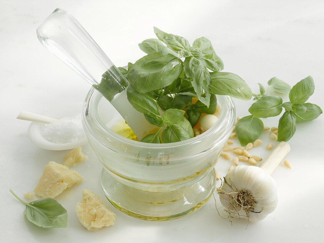 Pesto ingredients in a mortar