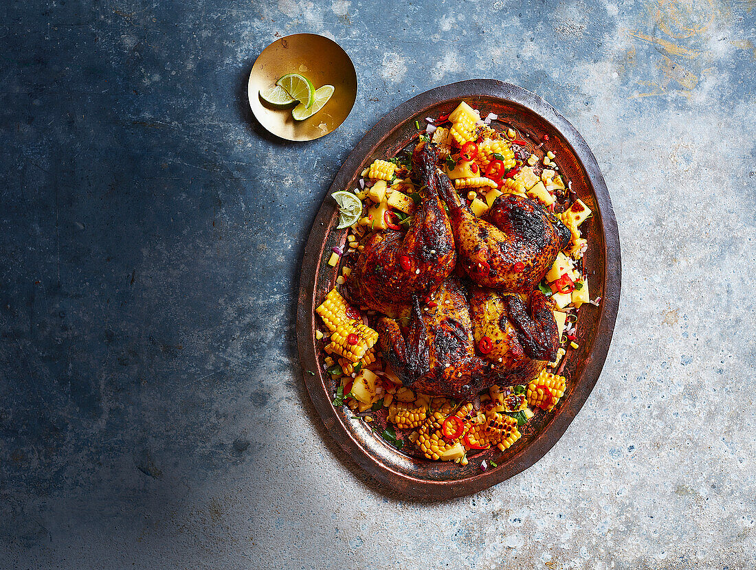 Honey-masala spatchcock chicken with tangy corn and mango