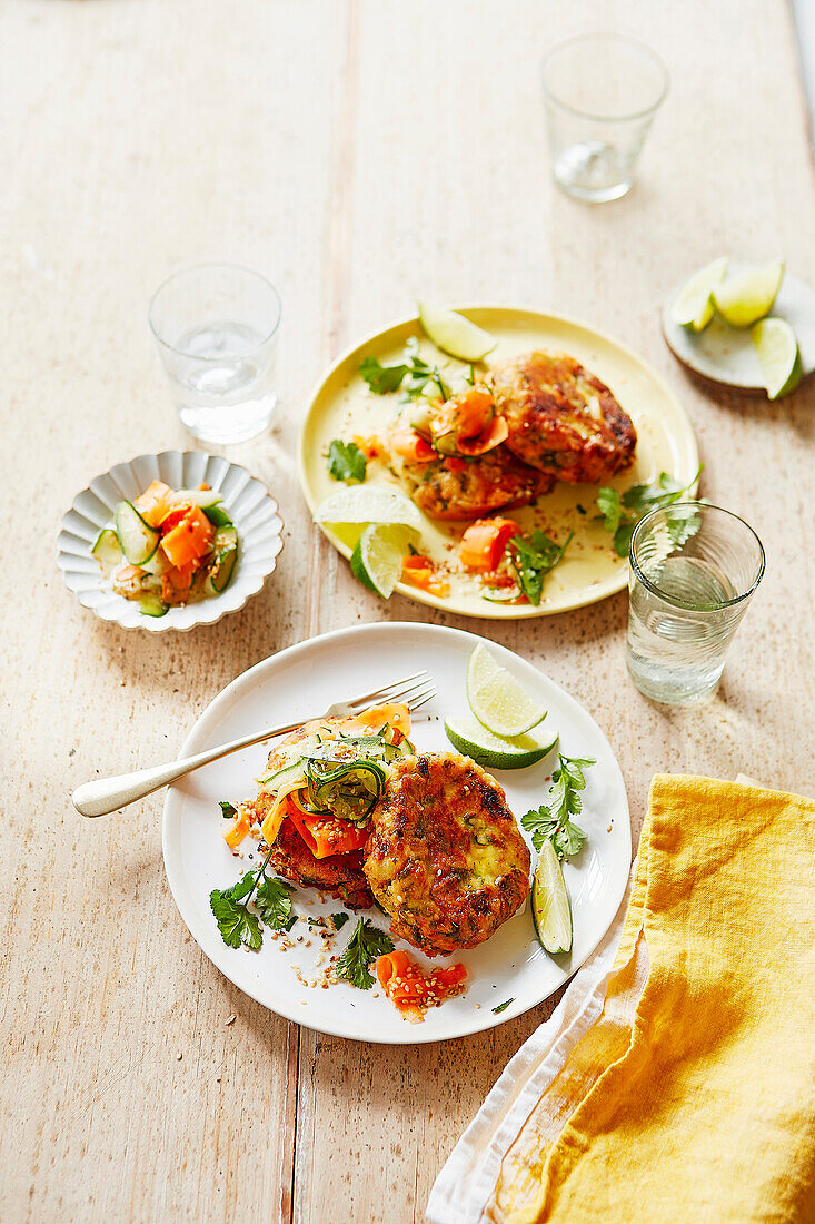 Spiced fish cakes with carrot and cucumber salad