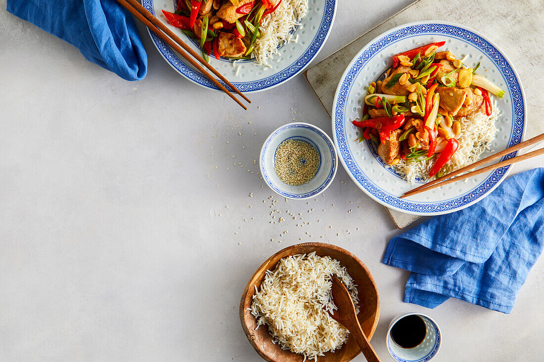 Soy and chilli chicken with peppers and peanuts