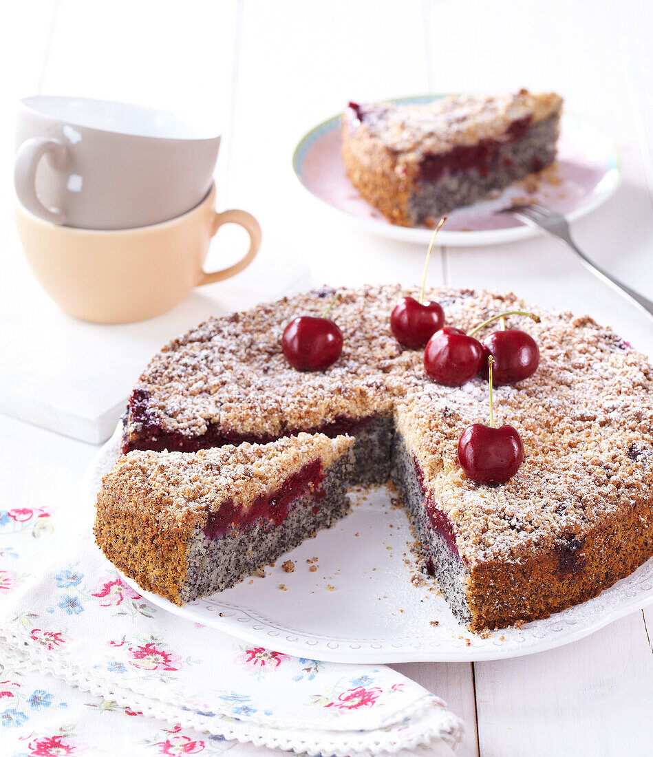 Poppy seed cake with cherries