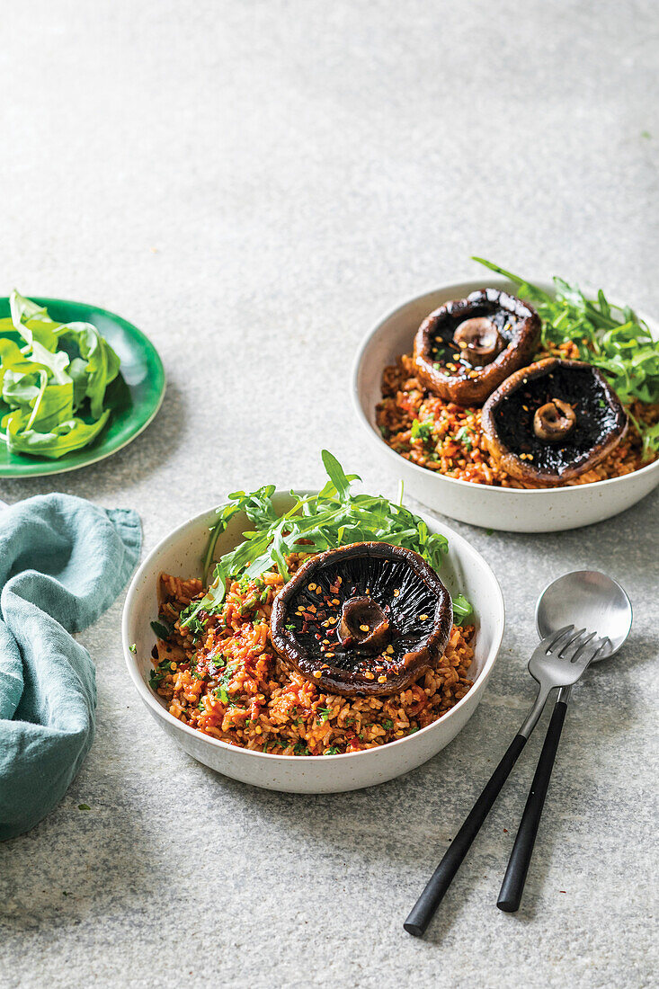 Tomato tofu fried rice with mushroom steaks