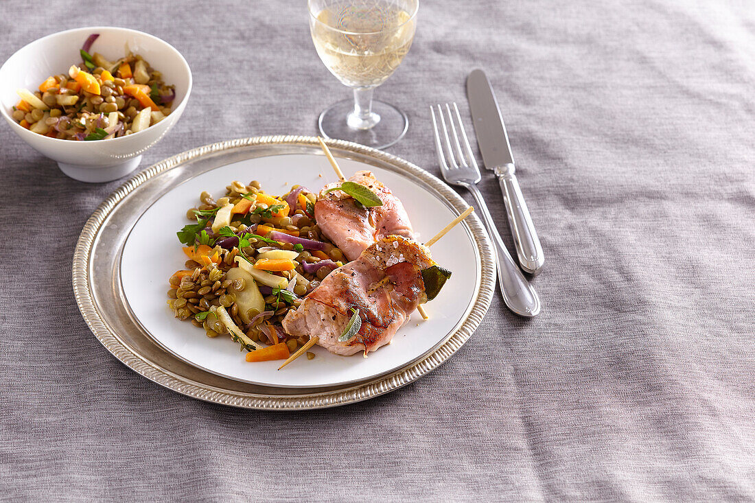 Pork rolls with sage and vegetable lentil